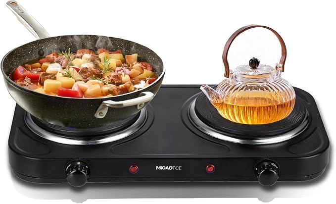 Countertop Double Cast Iron Burner 1800 Watts Electric Hot Plate with Adjustable Temperature 6.1" Cooktop for Dorm, Office, Home, Camp, Compatible for All Cookwares