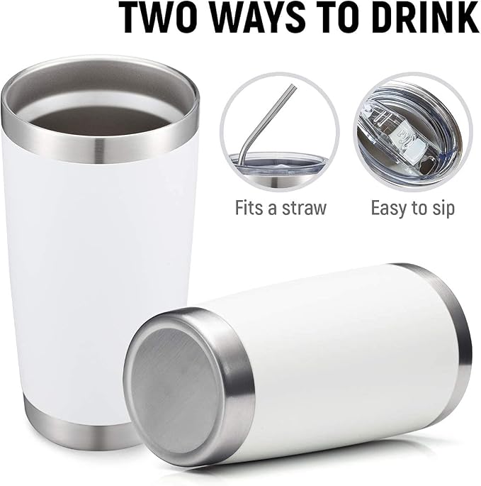 COMOOO 20oz/8Pack White Tumbler Double Wall Vacuum Insulated Coffee Travel Mug Stainless Steel Tumbler Bulk with Lid and Straw Powder Coated Insulated Coffee Cup for Cold & Hot Drinks (White, 8 Pack)