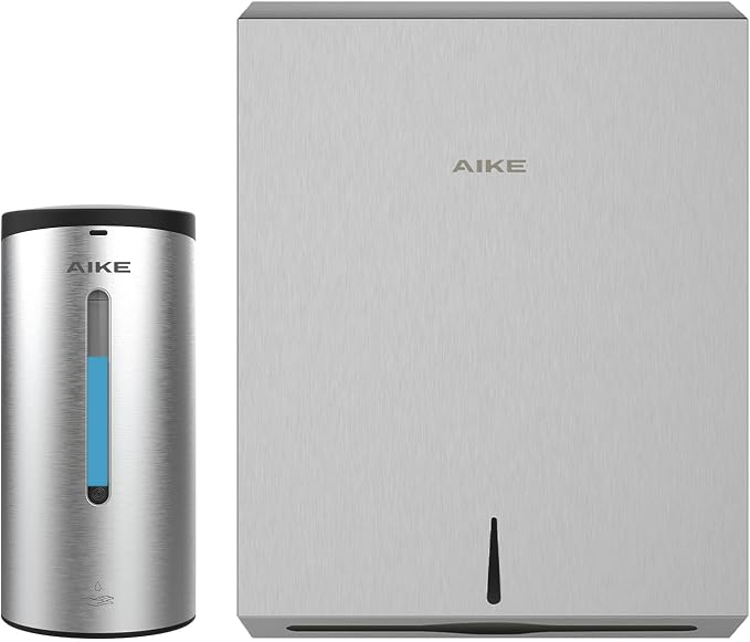 AIKE Automatic Commercial Soap Dispenser and Wall Mount Paper Towel Dispenser Bundle, Model AK1205& AK5181 Brushed