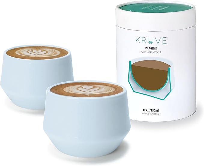 KRUVE IMAGINE Porcelain Latte Coffee Cups, Double Walled Espresso Cups, Glass Cups Set of Two - 8.5oz Thermal Spherical Design for Latte Art, Insulated Coffee Mugs for Heat Retention (Blue)