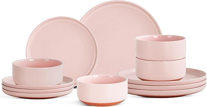 12 Piece Ceramic Plates and Bowls Sets for 4, Elegant Pink | Stoneware Dinnerware Set, Dishwasher & Microwave Safe, Handcrafted, Perfect for Family and Gatherings