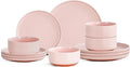12 Piece Ceramic Plates and Bowls Sets for 4, Elegant Pink | Stoneware Dinnerware Set, Dishwasher & Microwave Safe, Handcrafted, Perfect for Family and Gatherings