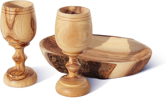 2 Small Communion Cups with Natural Olive Wood Bread Plate – Hand-Carved Kiddush Set for Church, Ministry & Worship – Includes Certificate of Origin