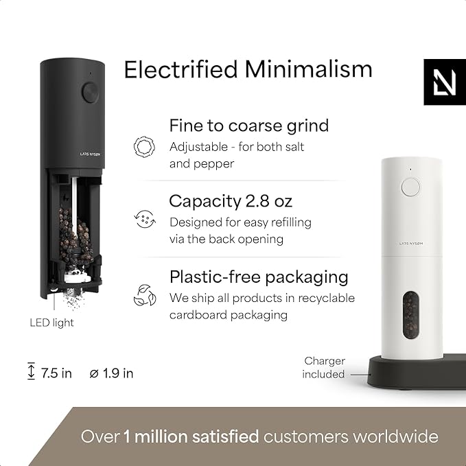 LARS NYSØM Electric Salt and Pepper Grinder Set, USB Rechargeable, Automatic Salt and Pepper Mills, Spice Shakers Refillable with LED Light, Adjustable Coarseness, Ceramic Grinder (Black/White)