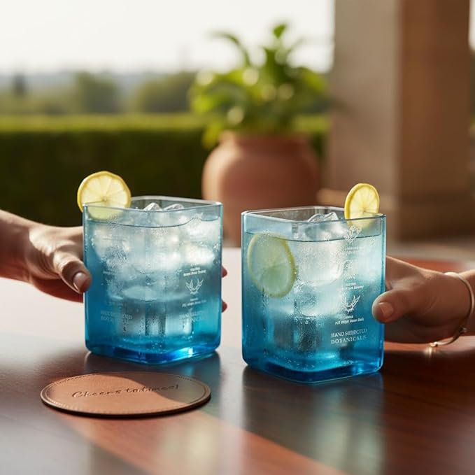 Upcycled Bombay Sapphire Gin Glasses and Pitcher Set of 5 | Eco-friendly Glasses for Drinks Handcrafted from Gin bottles | Ideal for Gin, Whiskey, Rum, Juices, Smoothies, Cocktails