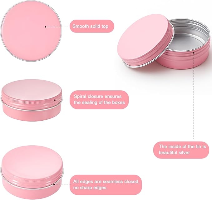 Patelai 2 oz Pink Metal Round Tins Aluminum Tin Cans Salve Tins Containers with Screw Lid 10 Sheets Stickers for Salve Spice Candies Balms Candles, 36 Pack (Classic Style)