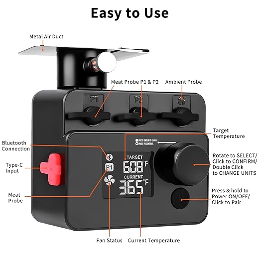 Bluetooth BBQ Temperature Controller, Automatic Smoker Fan Grill Thermometer for Big Green Egg, Kamado Joe, Primo, Vision Grill, Akorn Kamado (External Power Source Required)