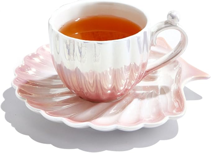 Pearl Shell Cup and Saucer - 8oz Gradient Ceramic Coffee Mug, Vintage Tea, Cappuccino, Latte Art for Birthday Gift (Gradient Pink)