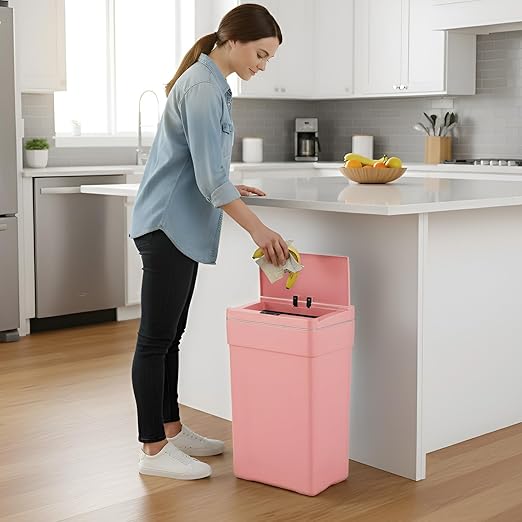 PayLessHere 13 Gallon 50 L Trash Can with Lid Plastic Kitchen Trash Bin Automatic Touch Free Motion Sensor Trash Can (4, Pink)