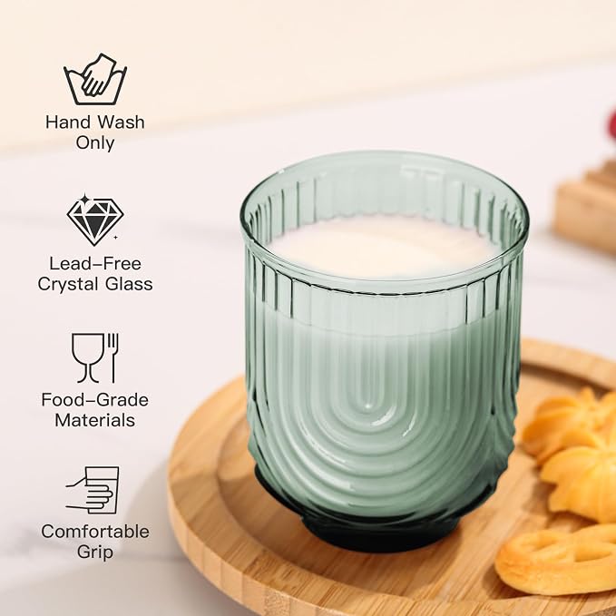 JOVGANK Green Vintage Glassware Set of 6-14Oz Green Water Drinking Glass, Art Deco Ripple Highball Glass, Whiskey Cocktail Glasses, for Bar Ice Coffee Juice, Housewarming Gifts Gift