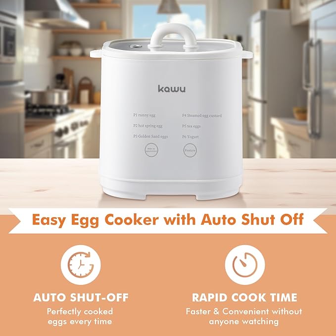 Kawu Egg Cooker, 6-in-1 Electric Rapid Egg Poacher for Hard Boiled Eggs, Yogurt, Custard, 12H Delay Start & Auto Off, Portable Breakfast Maker with Stainless Steel Bowl, 4 Eggs