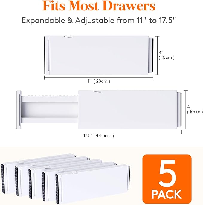 Lifewit Silverware Drawer Organizer, Expandable Utensil Tray for Kitchen, 5 Pack Drawer Dividers Plastic 4" High, 11-17" Adjustable Drawer Organizers