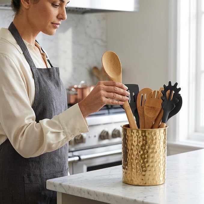 Monarch Abode Kitchen Utensil Holder – Hand Hammered Metal Brushed Gold Utensil Holder, Decorative Utensil Crock for Kitchen Counter, Cooking Tool and Spatula Holder for Countertop, Caddy Organizer