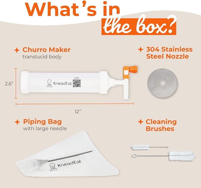 KneadEat Churro Maker Kit with Booster-powered Handle. Churrera and Piping Bag Churros Filler. Easy QR-Recipe to Prepare and Fill Your Own Churros at Home - KneadEat Cookie press - Churro press.