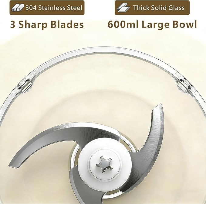 600ml Glass Cordless Food Chopper, Wireless Food Processor with 3 Sharp Blades ＆ USB-C Rechargeable Battery Motor, Small Garlic Vegetable Chopper, Electric Meat Blender Grinder, Portable Mini Mixer