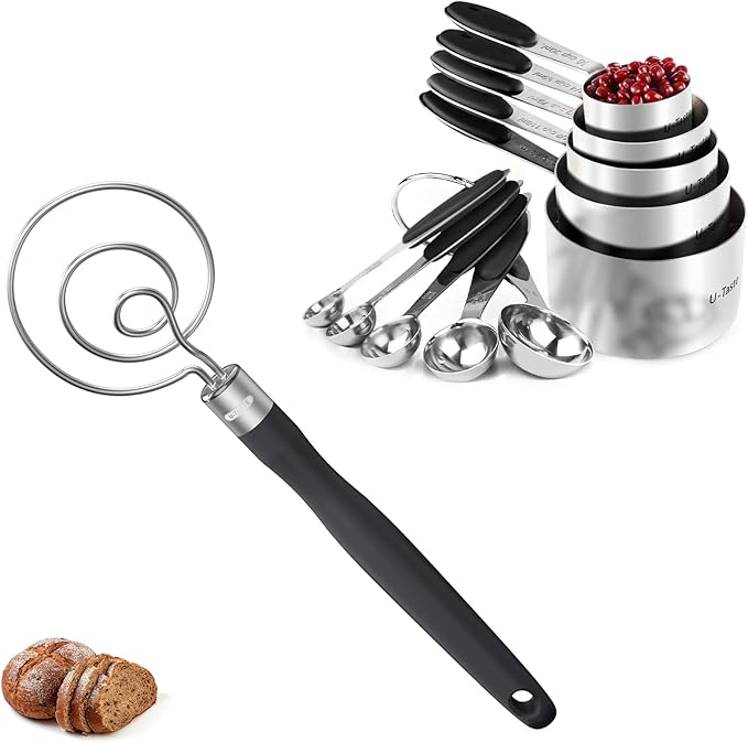 U-Taste 18/8 Stainless Steel Measuring Cups and Spoons Set of 10 and 12.6in Stainless Steel Danish Dough Whisk (Black)