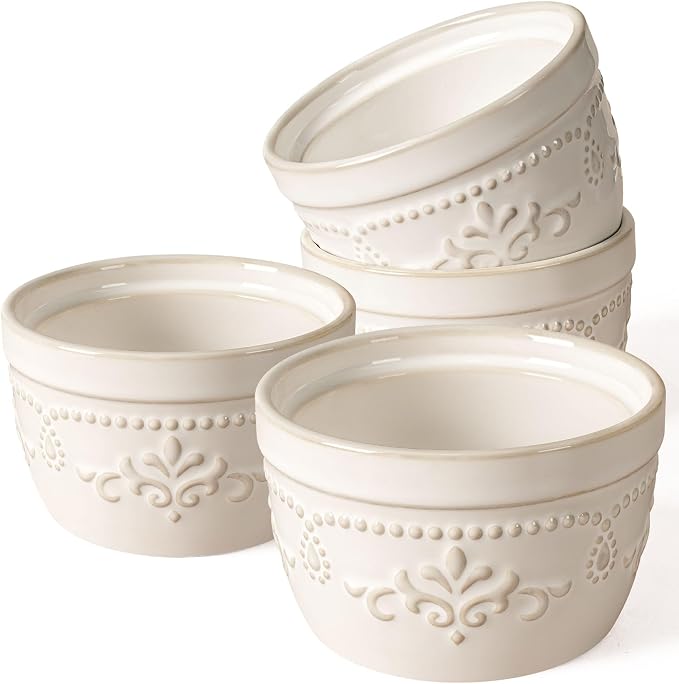 Artena Ramekins Oven Safe, Creme Brulee Ramekins, Embossed White Ceramic Ramiken, Souffle Pudding Custard Cups, Baking Dish, Dipping Bowls, Sauce Cups, Set Of 4 (8 oz, Damask Floral)