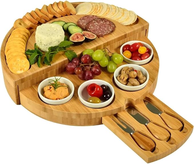 Bamboo Cheese Board Set with Cutlery, Foldable Charcuterie Board with Ceramic Bowls and Knife Set, Portable Serving Tray for Cheese, Steak, Pizza (Half Round with Small Bowl Knife and Fork)