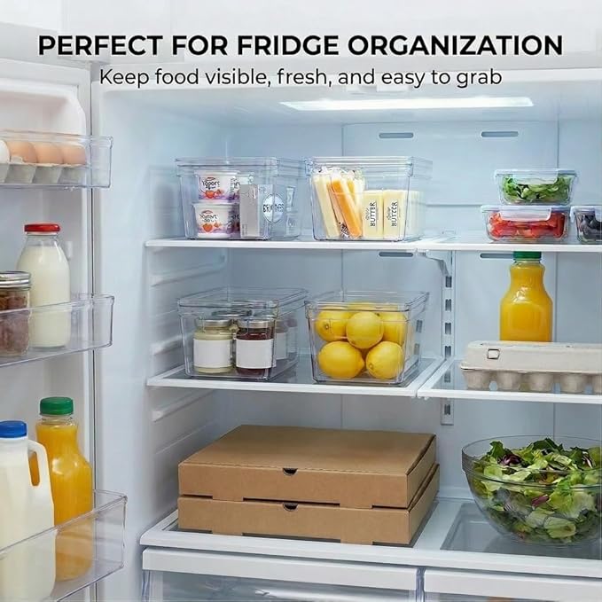 MOONEDGE Small Clear Plastic Storage Bins with Lids and Handles,Stackable Small Item Organizer Containers for Vanity,Craft,Office,Fridge,Kitchen,Pantry,Bathroom,Closet – 6 Pack (10×6×5 in)