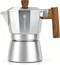 Stovetop Espresso Moka Pot Coffee Maker, Non-slip Wood Grain Handle, Cast Aluminum, Compatible with Gas, and Electric Stoves (Silver, 6 cups)
