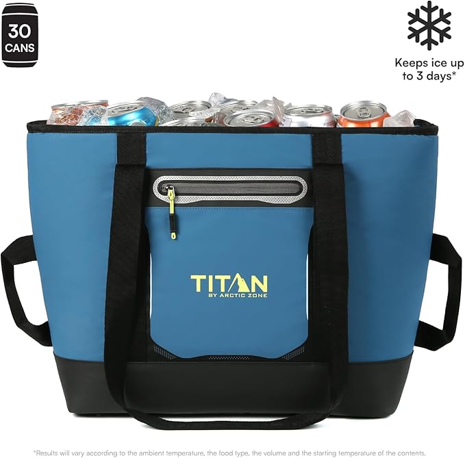 Titan by Arctic Zone Soft Sided Cooler Tote, Insulated Bag with Handle, Shoulder Strap, and Zipper for Lunch, Picnic, and Travel, 30 Can Capacity