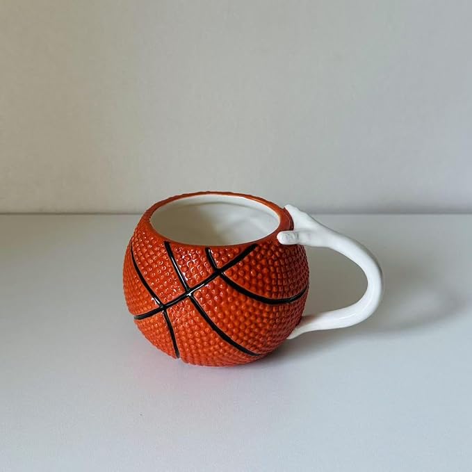 Ceramic Large Coffee Mug and Saucer set, 3D Handmade and Hand-painted Basketball and Basketball Net Design Tea Mug, 300ml(10oz)