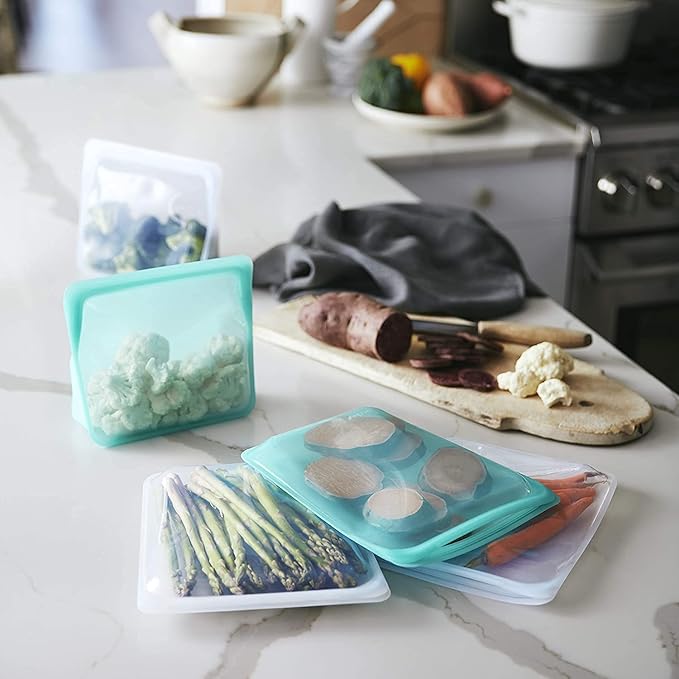 Stasher Reusable Silicone Storage Bags, Food Storage Containers, Microwave and Dishwasher Safe, Leak-free, Stand Up - Mid (Aqua) and Sandwich (Aqua)