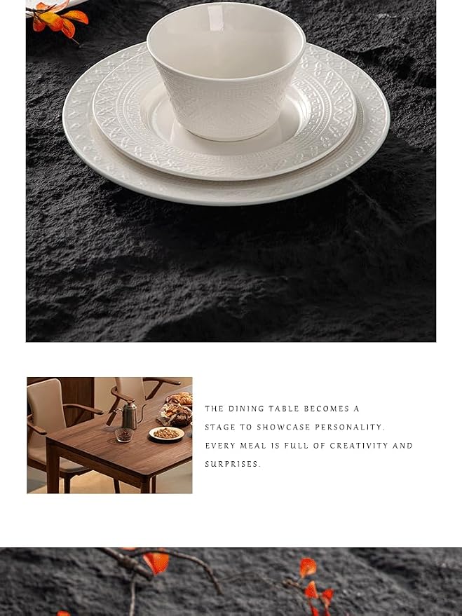 4-piece set, ceramic tableware set, relief plate and bowl set, microwave and dishwasher compatible tableware set, shatterproof and scratch resistant dinner set, irregular edge design, white