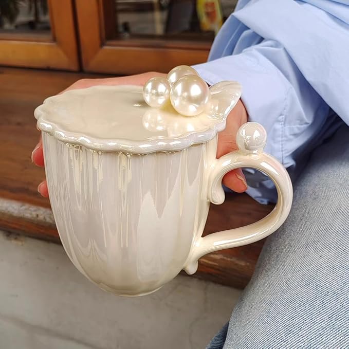 Pearl Ceramic Coffee Mug for Tea Latte Milk Cute Love Shape Cup for Home Office Women Gift 6.5 oz (Shell Pearl Gradient Blue, 420 ml)