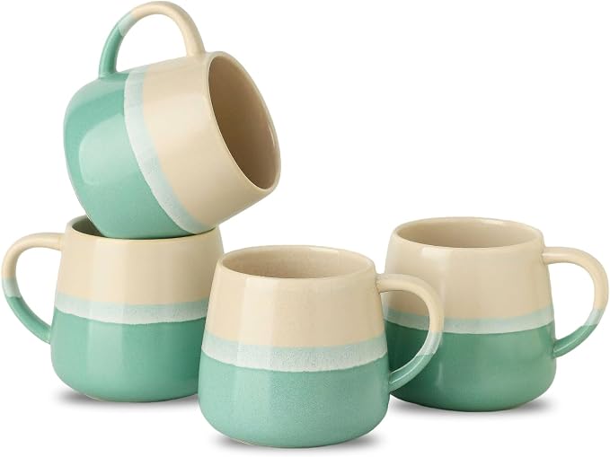 Coffee Mugs Set of 4, Ceramic Tea Coffee Cups with Handle, 14 OZ Large Porcelain Mug for Americano, Latte, Cappuccino, Hot Chocolate, Glazed White and Green