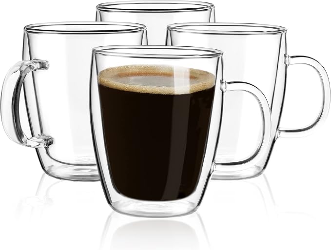 YUNCANG Double Wall Coffee Mugs, (4-Pcak) 16 Ounces-Clear Glass Cups with Handle,lnsulated,Cappuccino,Tea,Latte Cups,Beverage Glasses Heat Resistant