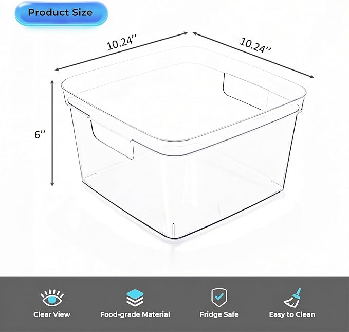 MOONEDGE 6-Pack Clear Cube Storage Bins,10" x 10" x 6" Open-Top Plastic Organizer Boxes, Square PET Containers for Closet,Pantry,Kitchen,Fridge,Playroom,Bathroom,Undersink and Vanity Organization