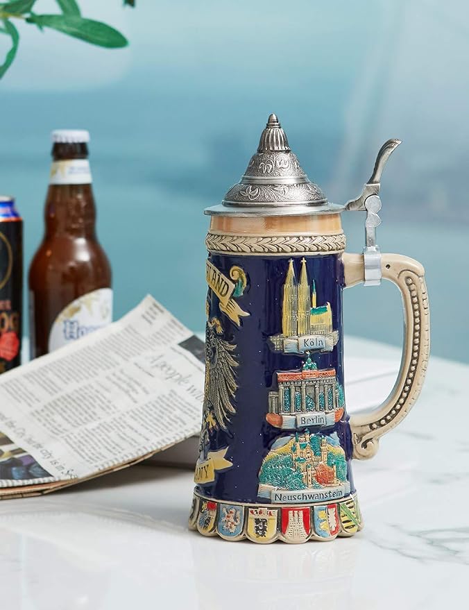 HAUCOZE Beer Stein Mug German Coats of Arms Drinking Viking Tankard with Pewter Lid Birthday Gifts for Men Father Husband 0.6 Liter