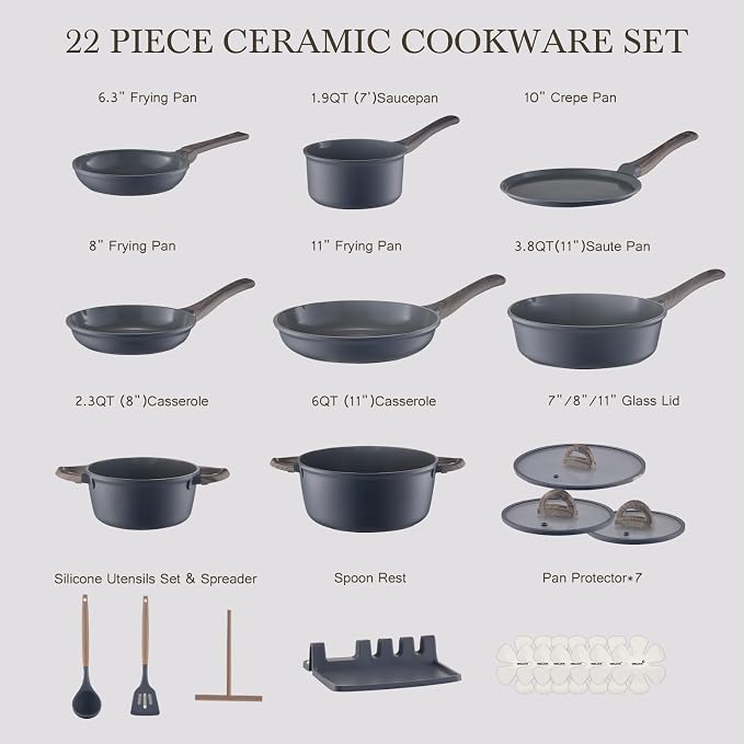 USELUCK Pots and Pans Set Non Stick Non-Toxic 22 Pcs Ceramic Cookware Sets Nonstick Kitchen Pot&Pan With Lid Stone Gray Granite Induction Compatible with Glass Lids Crepe Frying Pan PFOA/PFOS-Free