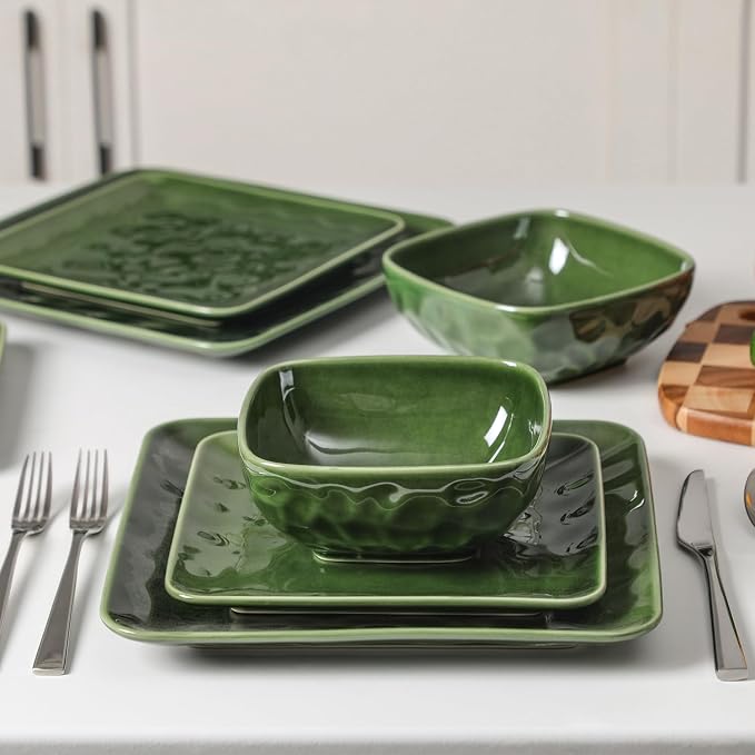 vicrays Ceramic Square 12 Pieces Dinnerware Set - Dinner Plates Salad Plates Cereal Bowls Set Service for 4 - Scratch Resistant Microwave Oven Dishwasher Safe - Green