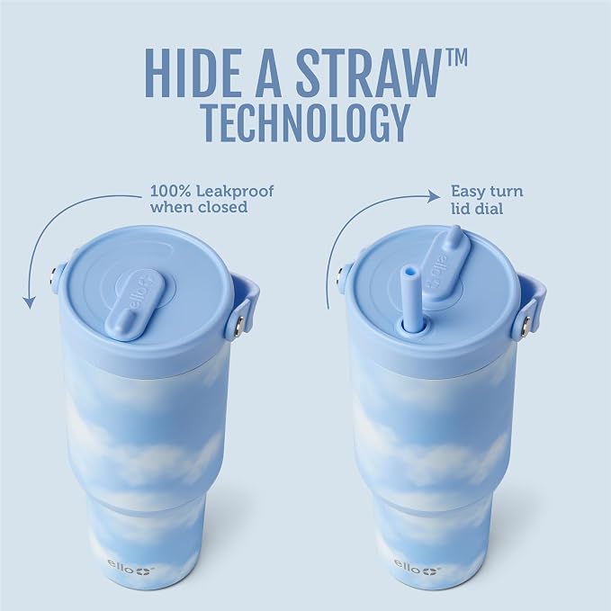 Ello Oasis Go+ 32oz Tumbler with Top Handle and Retracting Straw | Reusable Insulated Stainless Steel Cup, 100% Leakproof Water Bottle, 24 Hours Cold, Cup Holder Friendly For Travel | In The Clouds