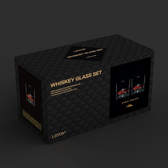 LIITON Denali Mountain Heavy Crystal Whiskey Glasses Gift Set of 2, Thick Freezable Bourbon Glass 1lb Each, Premium, Frozen Crystal Chills Cocktails, 10 oz