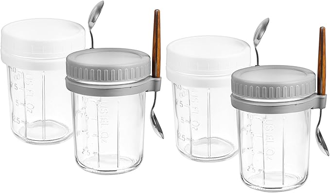 4pcs Glass Oatmeal Storage Jars with Lids and Spoons – 350ml Airtight Yogurt and Cereal Storage Jars for Breakfast Meal Prep