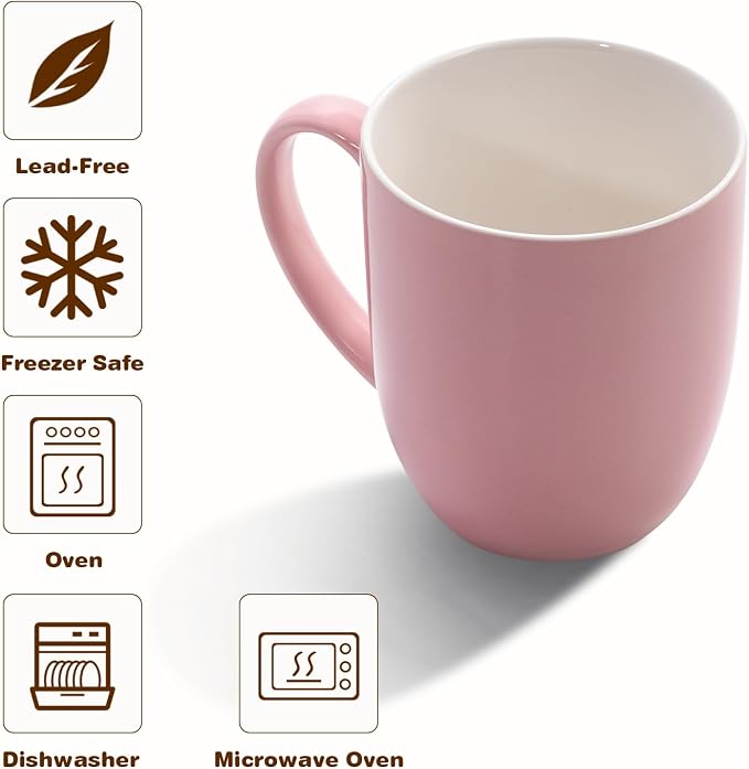 Urbanstrive 16 oz Large Coffee Mugs Set of 6 Ceramic Coffee Mug White Coffee Cups Tea Cups Idea Gift for Women Men House Warming Gifts New Home Office, Pink 6 Pack