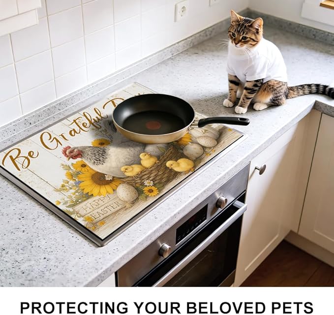 Stove Top Cover for Electric Stove 28.4 x 20.5 Inch Non Slip Stove Mat Oil Proof Grateful Hen Sunflower Glass Cooktop Protector Kitchen Mat