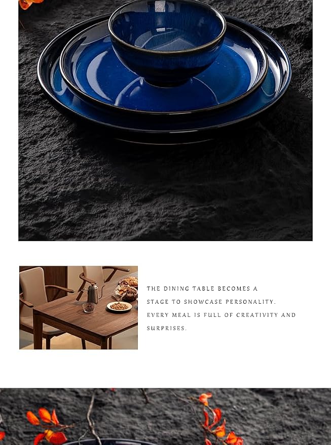 4-piece set, ceramic, natural active glaze plate and bowl set, microwave and dishwasher compatible tableware set, shatterproof and scratch resistant dinner set, irregular edge design, blue