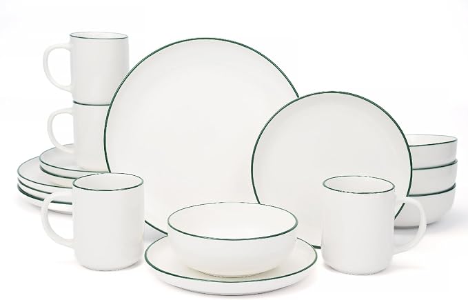 OTAGO 16-Piece Dinnerware Set for 4 with 4 Mugs, White with green rim Stoneware Plates and Bowls Sets, Ceramic Dish Set for Kitchen, Dinner & Dining, Green Rim, Microwave & Dishwasher Safe