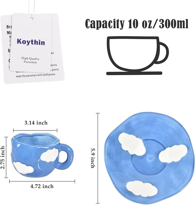 Koythin Ceramic Coffee Mug with Saucer, Cute Unique Handmade Cup for Women for Office and Home, Dishwasher and Microwave Safe, 10 oz/300 ml for Latte Tea Milk (Dark Blue Sky and White Clouds)