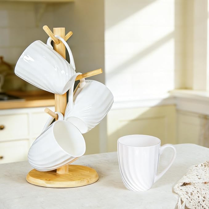 Fine Bone China White Coffee Mugs Set of 4 (12 oz), Ceramic Spiral Pattern Tea Cups, Thin China Coffee Cups, Lightweight Coffee Mugs for Hot Chocolate, Latte, Cappuccino