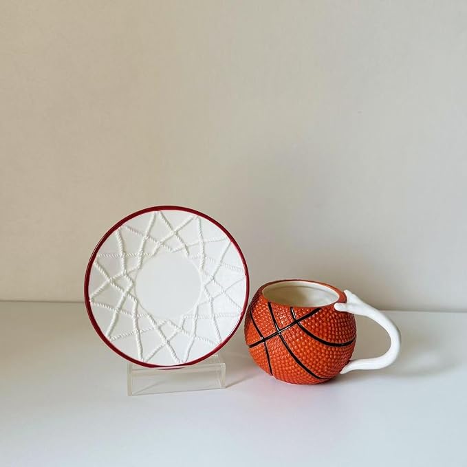 Ceramic Large Coffee Mug and Saucer set, 3D Handmade and Hand-painted Basketball and Basketball Net Design Tea Mug, 300ml(10oz)