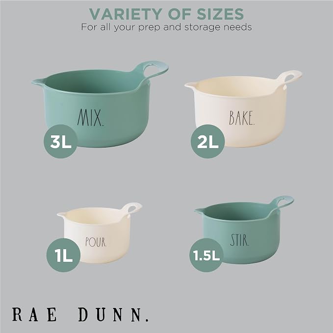 Rae Dunn Non-Slip Mixing Bowls - 4 Piece Nesting Plastic Mixing Bowl Set with Pour Spouts and Handles-Measurement Markings (Sage)