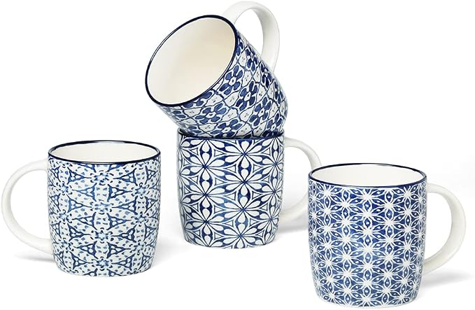 Set of 4 12 oz Coffee Mugs with Blue and White Geometric Patterns, Ceramic Tea Cup Set, Gift for Friends (Set 1)