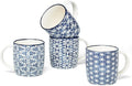 Set of 4 12 oz Coffee Mugs with Blue and White Geometric Patterns, Ceramic Tea Cup Set, Gift for Friends (Set 1)