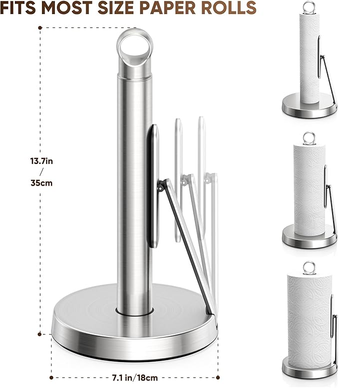 theaoo Heavy-Duty Stainless Steel Paper Towel Holder with Tension Arm – Easy One-Handed Tear, Modern Standing Countertop Dispenser for Kitchen, Holds All Paper Towel Rolls (1, Silver)