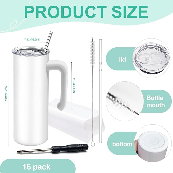 16 Pack Sublimation Tumblers Blanks Skinny Straight Bulk 20 oz with Removable handle, Stainless Steel Double Wall Insulated Sublimation with Straw & Lids for Heat Transfer, White
